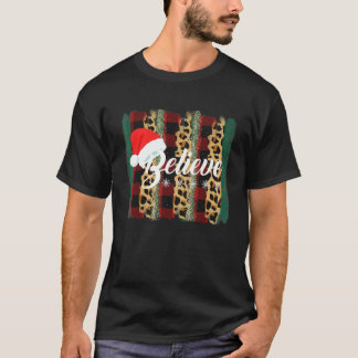 Believe Christmas Santa Hat Leopard Print Buffalo Tシャツ
