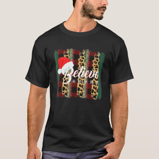Believe Christmas Santa Hat Leopard Print Buffalo Tシャツ (正面)