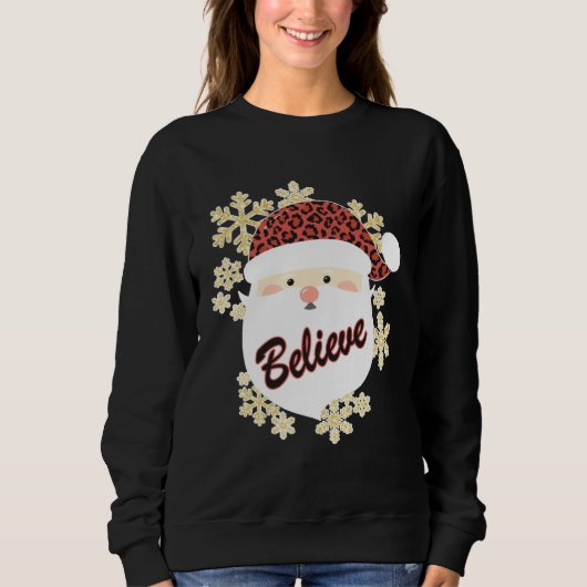 Believe Christmas Santa Hat Leopard Snowflake Grap スウェットシャツ (正面)