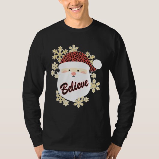 Believe Christmas Santa Hat Leopard Snowflake Grap Tシャツ (正面)
