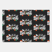Believe Christmas Santa Sleigh Reindeer Candy Cane ラッピングペーパーシート (正面)