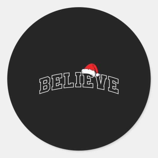 Believe Christmas Varsity Minimal Text Santa Hat F ラウンドシール (正面)