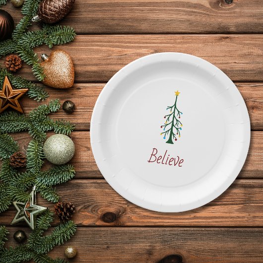 Believe Evergreen Tree Modern Christmas Party ペーパープレート