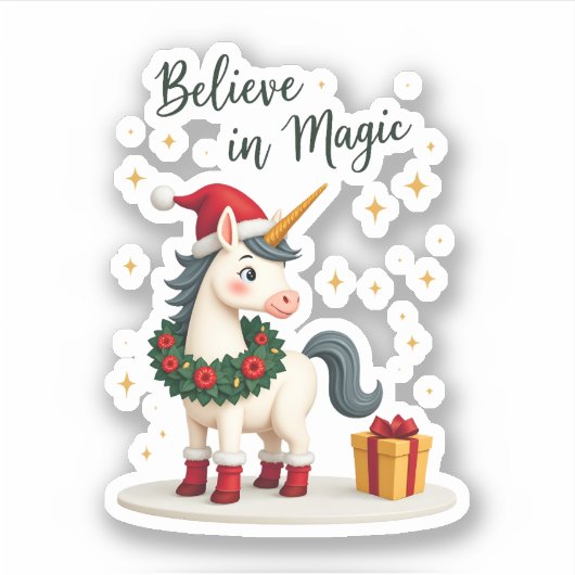 Believe in Magic Festive Unicorn wearing a Christm シール (正面)
