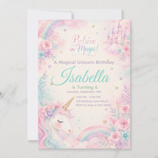 Believe In Magic Unicorn Invitation Editable 招待状 (正面)