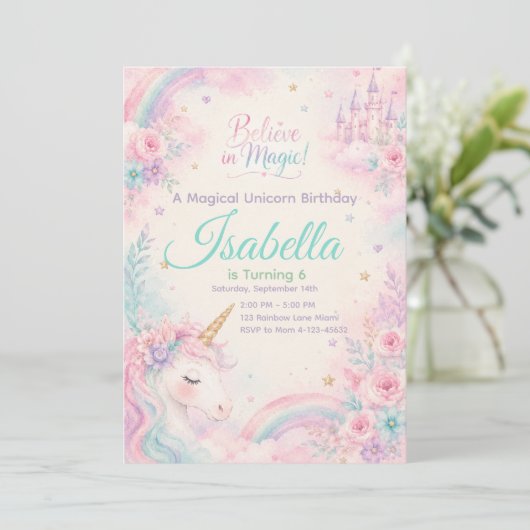 Believe In Magic Unicorn Invitation Editable 招待状 (スタンド正面)