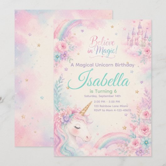Believe In Magic Unicorn Invitation Editable 招待状 (正面/裏面)