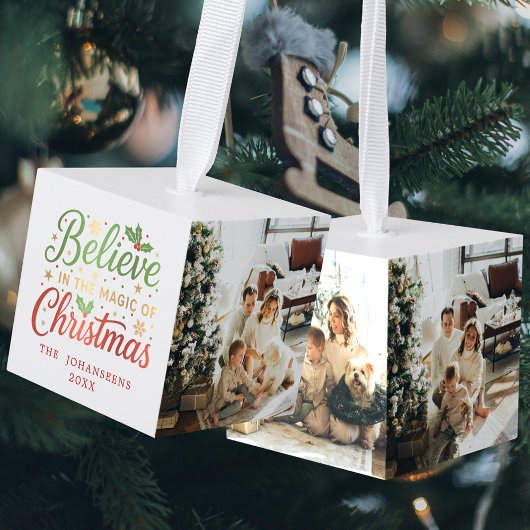 Believe in the Magic of Christmas 3 Family Photo キューブオーナメント