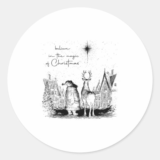 Believe In The Magic Of Christmas Santa Reindeer X ラウンドシール (正面)