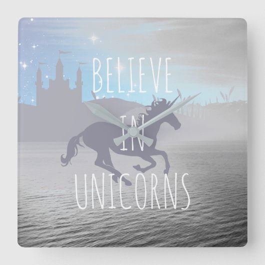 Believe in Unicorns Whimsical Art スクエア壁時計 (正面)