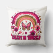 Believe in Yourself Rainbow Butterfly Flowers Boho クッション (正面)