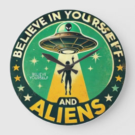 Believe in Yourself with Aliens Round Sign ラージ壁時計