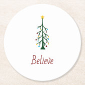 Believe Modern Christmas Evergreen Tree ラウンドペーパーコースター (正面)