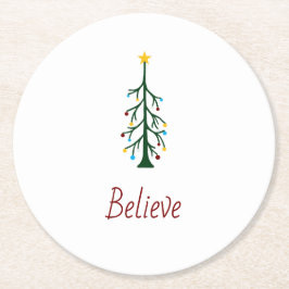 Believe Modern Christmas Evergreen Tree ラウンドペーパーコースター