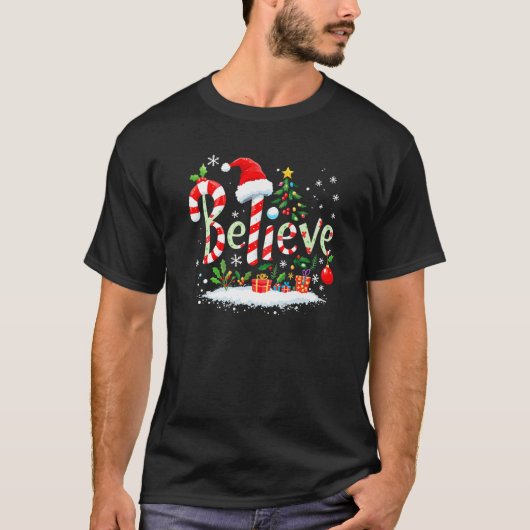 Believe Santa Believer Christmas Candy Cane Xmas F Tシャツ (正面)