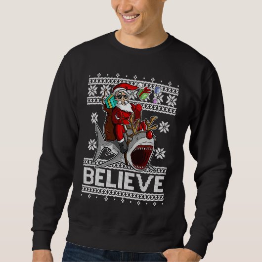 Believe Santa Claus Riding Reindeer Shark with Red スウェットシャツ (正面)