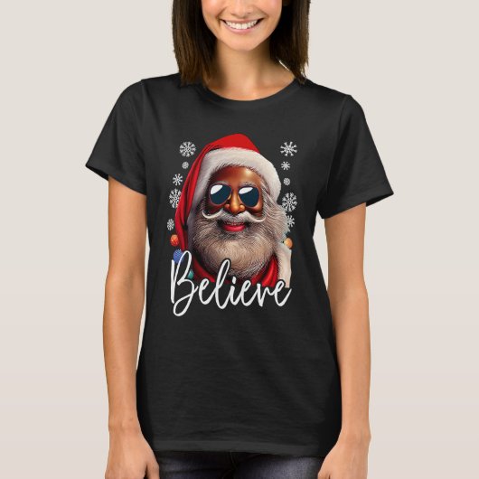 Believe Santa Claus Xmas Black Afro African Americ Tシャツ (正面)