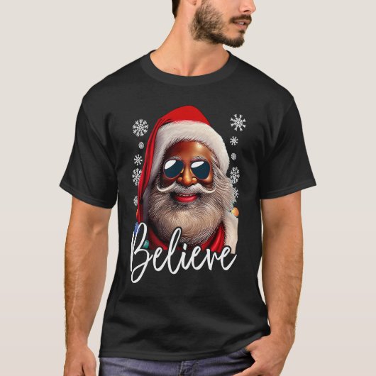 Believe Santa Claus Xmas Black Afro African Americ Tシャツ (正面)