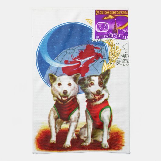 BELKAとSTRELKA:レトロ宇宙旅行犬 キッチンタオル (縦)