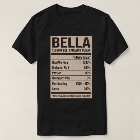 Bella Nutrition Facts Name Nickname Alias Title Fo Tシャツ (デザイン正面)