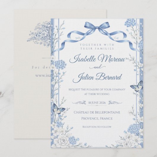 Bellefontaine – French Blue Linen Wedding 招待状 (正面/裏面)