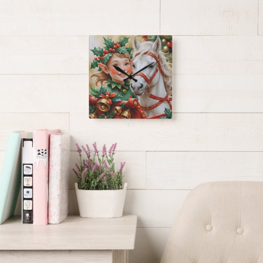 Bells Holly and Horse Christmas Elf スクエア壁時計 (読書スペース)
