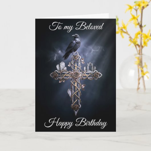 Beloved Personalized Gothic Cross Raven Birthday カード (黄色い花)