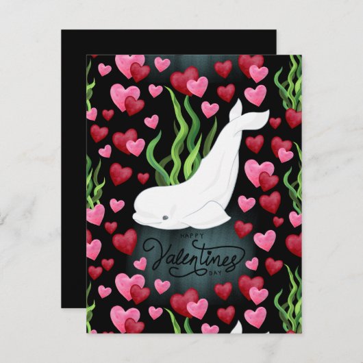 Beluga Whale Love Valentine’s Day Card in Black ノートカード (正面/裏面)