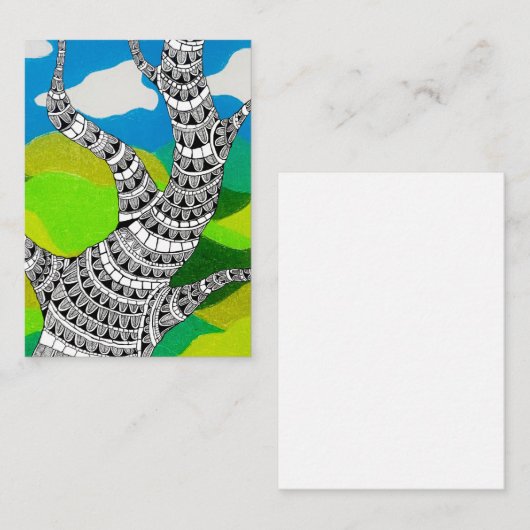 Bendy Tree Design Clouds Grassy Landscape ノートカード (正面/裏面)