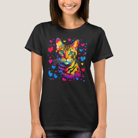 Bengal Cat Blue Red Heart Tシャツ (正面)