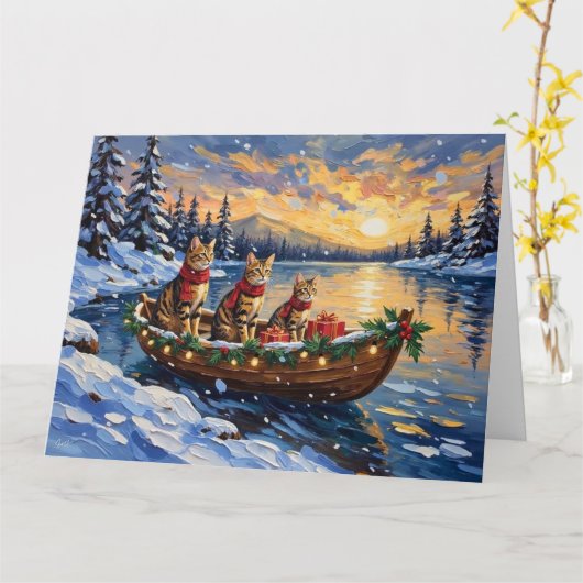 Bengal Cat Christmas Boat Holiday カード (黄色い花)