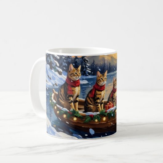 Bengal Cat Christmas Boat Holiday コーヒーマグカップ (正面左)