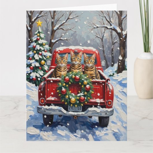 Bengal Cat Christmas Red Truck Holiday カード (正面)