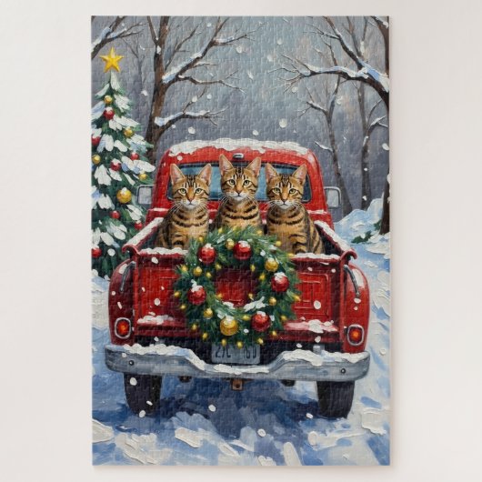 Bengal Cat Christmas Red Truck Holiday ジグソーパズル (縦)