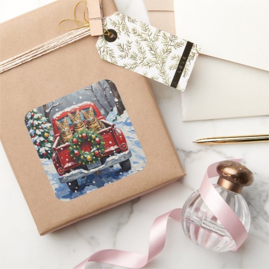 Bengal Cat Christmas Red Truck Holiday スクエアシール (ギフト)