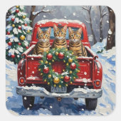 Bengal Cat Christmas Red Truck Holiday スクエアシール (正面)