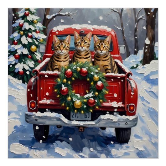 Bengal Cat Christmas Red Truck Holiday ポスター (正面)