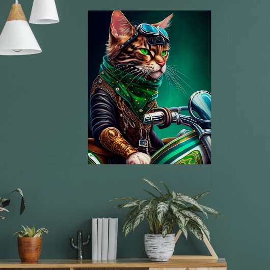 Bengal Cat driving bike St. Patrick's Day ポスター (リビング1)