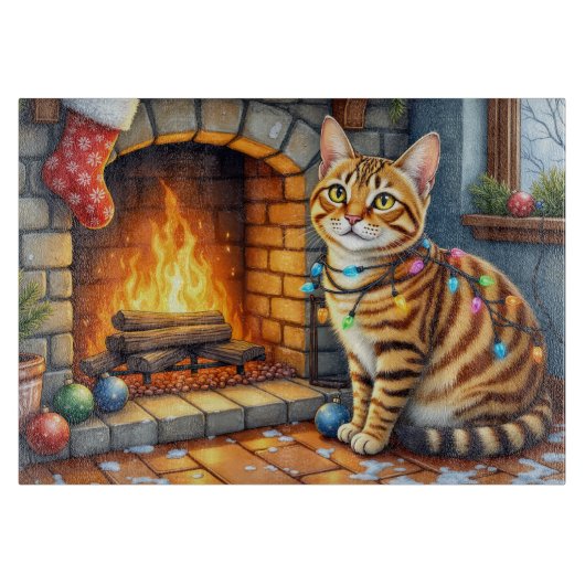 Bengal Cat Fireplace with Christmas Lights カッティングボード (正面)