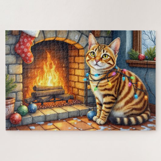 Bengal Cat Fireplace with Christmas Lights ジグソーパズル (横)
