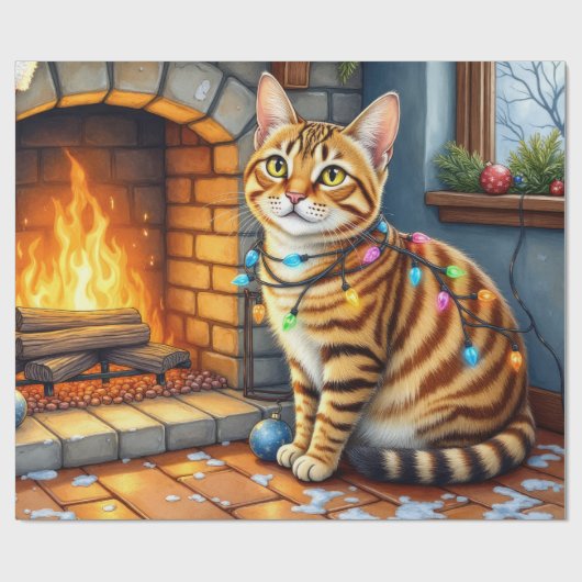 Bengal Cat Fireplace with Christmas Lights ラッピングペーパー (フラット)