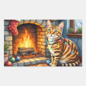 Bengal Cat Fireplace with Christmas Lights 長方形シール (正面)