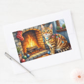 Bengal Cat Fireplace with Christmas Lights 長方形シール (封筒)