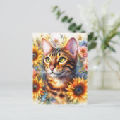 Bengal Cat Floral Portrait Art ポストカード (スタンド正面)