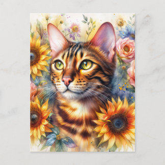 Bengal Cat Floral Portrait Art ポストカード