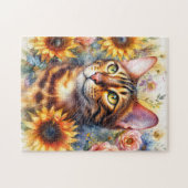 Bengal Cat Floral Watercolor ジグソーパズル (横)
