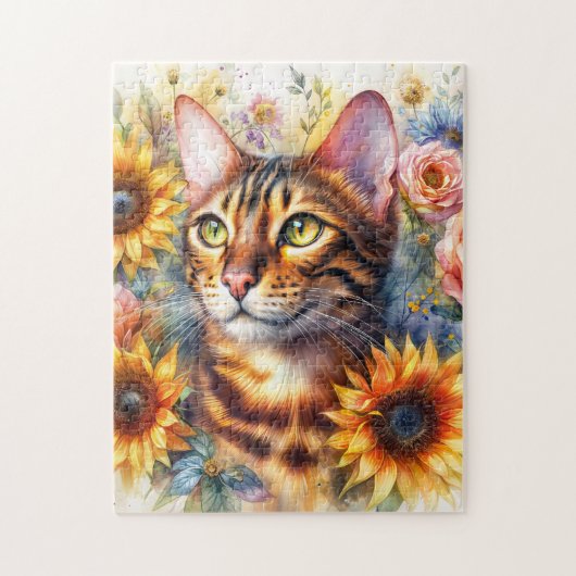 Bengal Cat Floral Watercolor ジグソーパズル (縦)