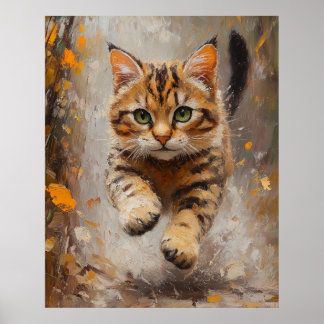 Bengal Cat Leaping Through Autumn Whispers ポスター