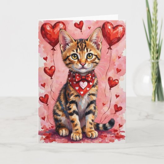 Bengal Cat Valentine Sitting with Hearts Red カード (正面)