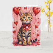 Bengal Cat Valentine Sitting with Hearts Red カード (黄色い花)